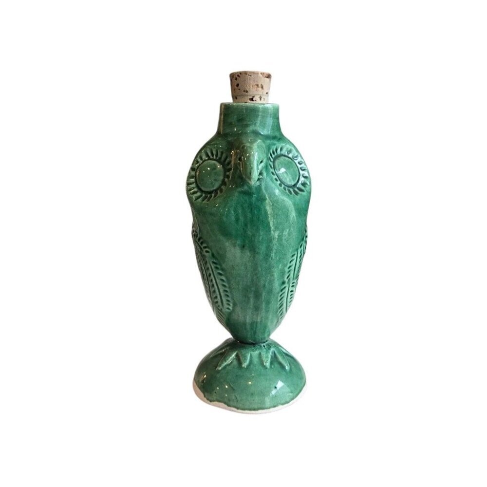 Vintage Green Glazed Ceramic Owl Bottle Decanter W/ Cork Bottle Stamped
